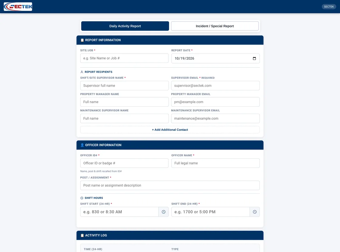 Sectek report app, desktop view: Daily Activity Report mode, full page, default state