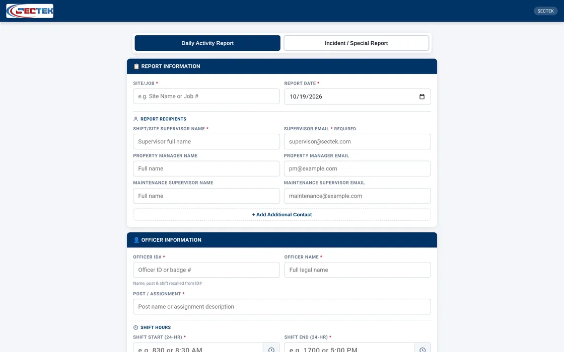 Sectek report app, desktop view: First screen (viewport): header with Sectek logo, mode toggle, Report Information