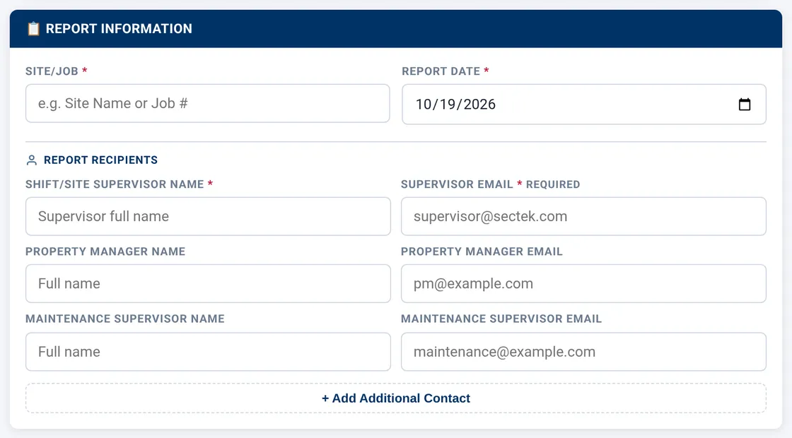 Sectek report app, desktop view: Report Information card with Report Recipients