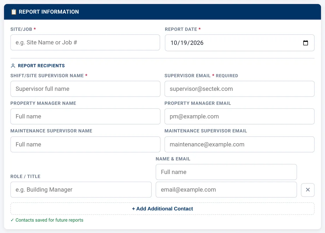 Sectek report app, desktop view: Report Recipients after '+ Add Additional Contact' (extra contact row)