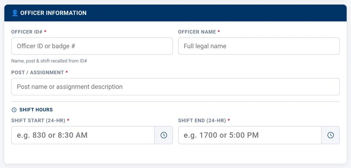 Sectek report app, desktop view: Officer Information card with Shift Hours