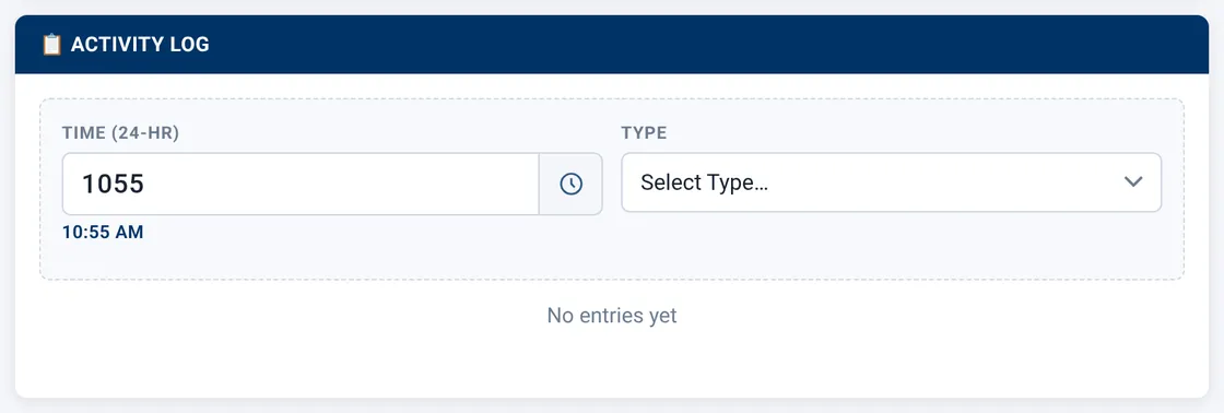 Sectek report app, desktop view: Activity Log, no type selected