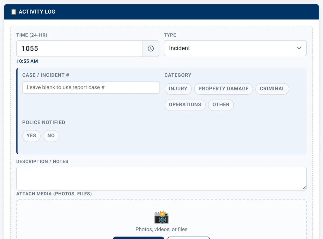 Sectek report app, desktop view: Activity Log with Type = Incident