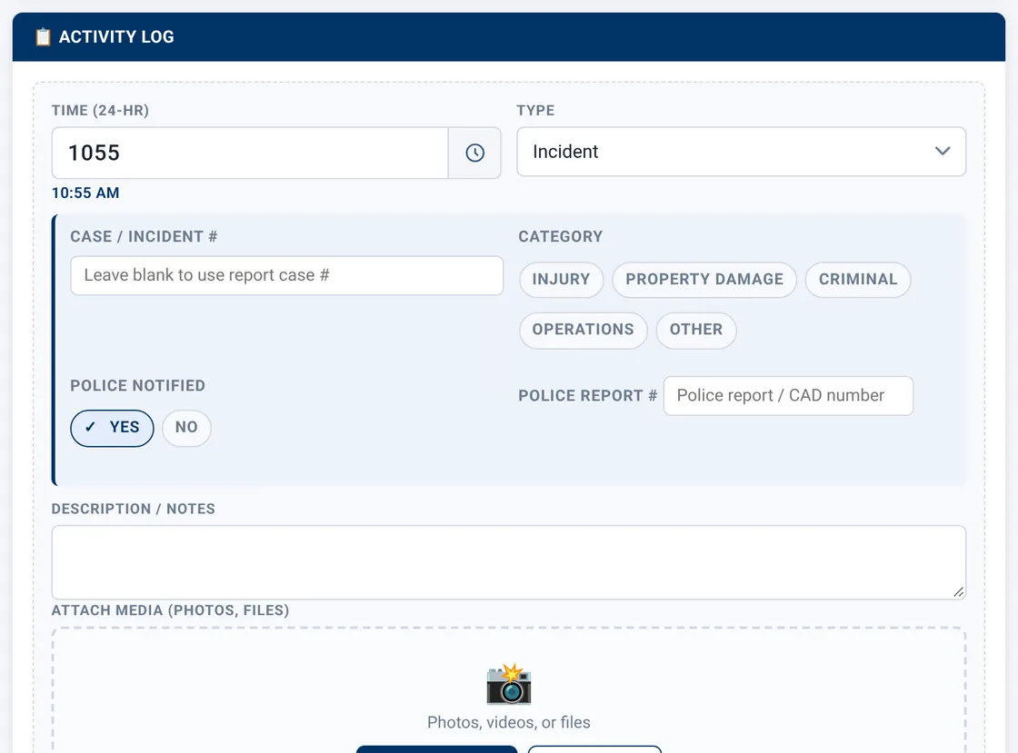 Sectek report app, desktop view: Activity Log, Type = Incident, police 'Yes' reveals case # field