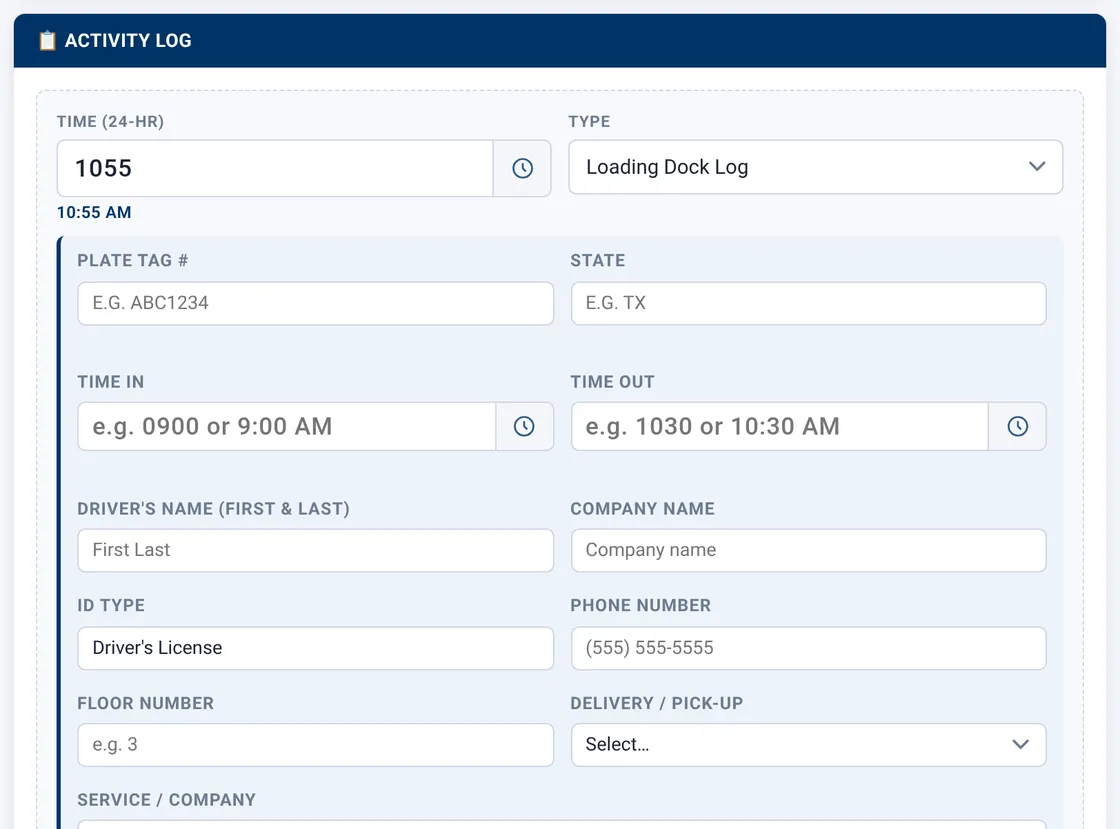 Sectek report app, desktop view: Activity Log with Type = Loading Dock Log