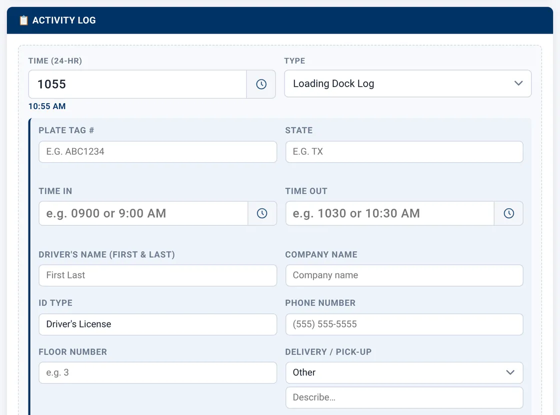 Sectek report app, desktop view: Loading Dock Log with Direction = Other (reveals describe field)