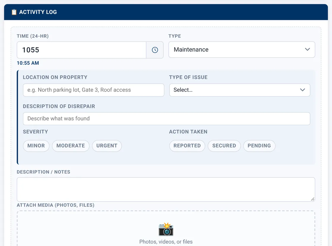 Sectek report app, desktop view: Activity Log with Type = Maintenance