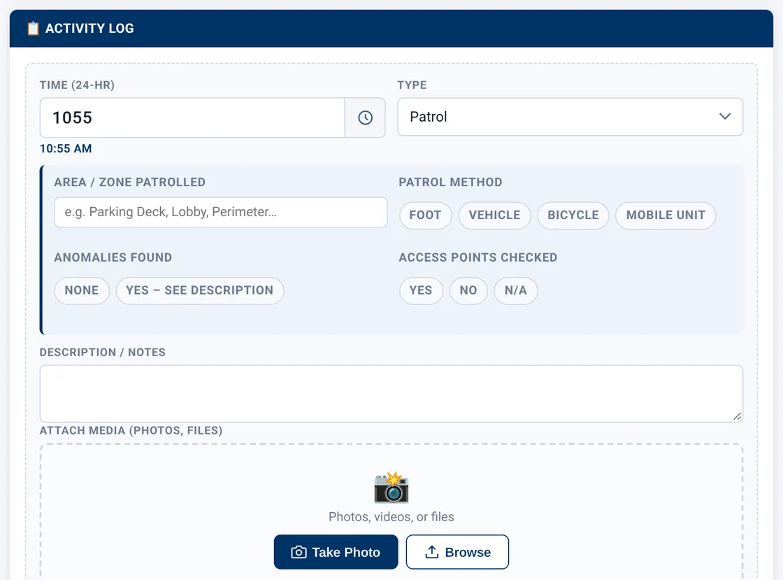 Sectek report app, desktop view: Activity Log with Type = Patrol