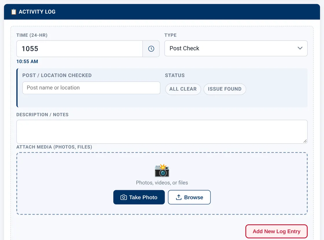 Sectek report app, desktop view: Activity Log with Type = Post Check