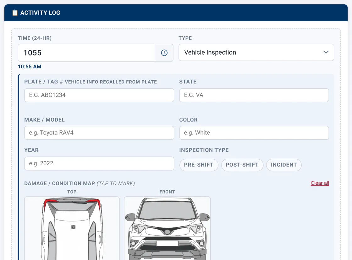 Sectek report app, desktop view: Activity Log with Type = Vehicle Inspection