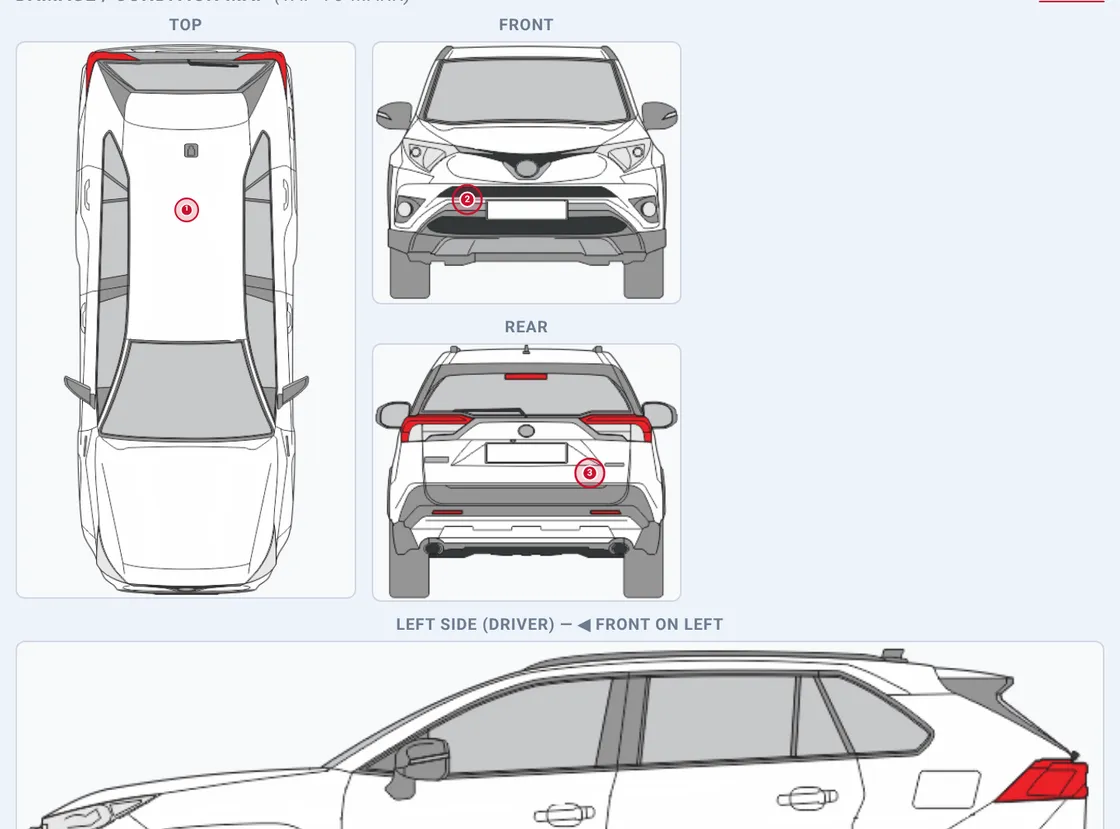 Sectek report app, desktop view: Damage map after one tap on each view: numbered markers plus legend