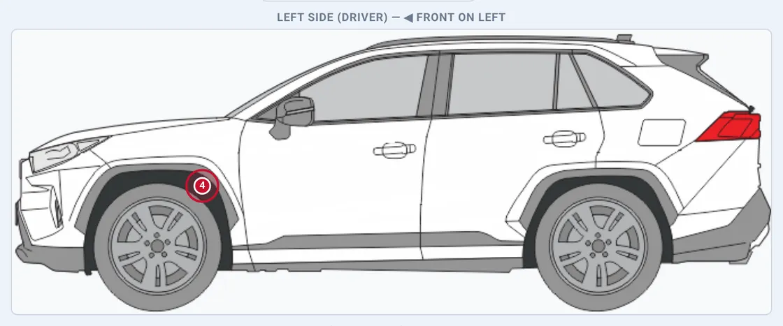 Sectek report app, desktop view: Damage map, Left Side (Driver) view with one marker