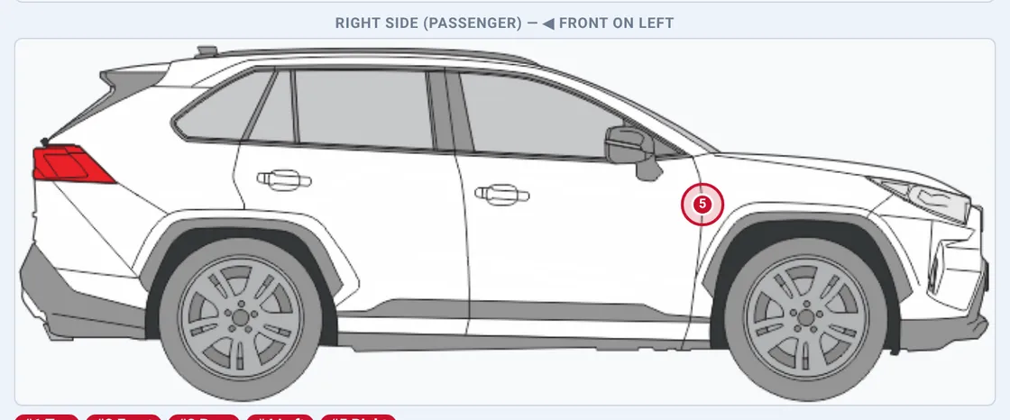 Sectek report app, desktop view: Damage map, Right Side (Passenger) view with one marker