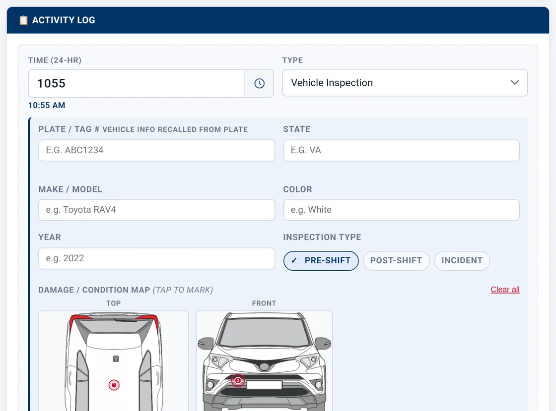 Sectek report app, desktop view: Full Vehicle Inspection entry with markers and Pre-Shift selected