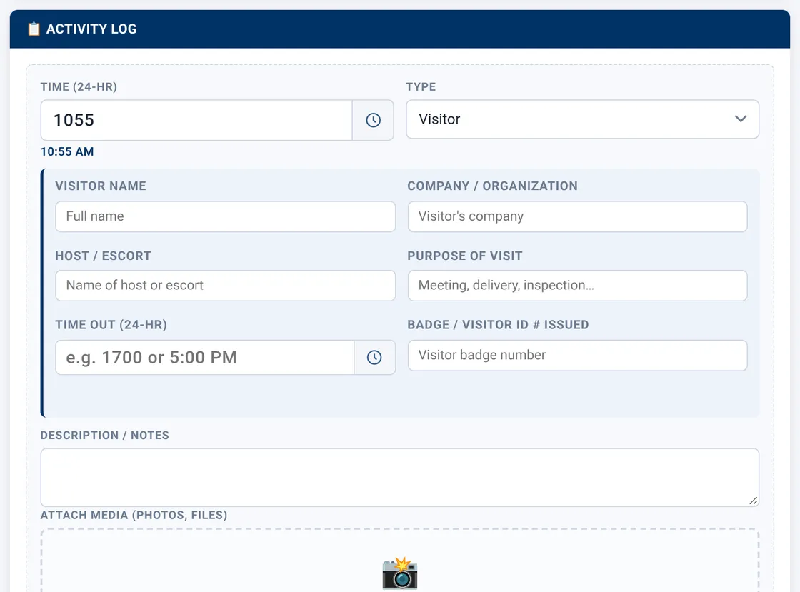 Sectek report app, desktop view: Activity Log with Type = Visitor