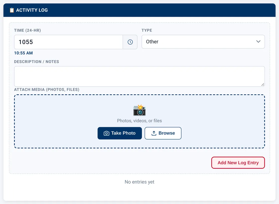 Sectek report app, desktop view: Activity Log with Type = Other