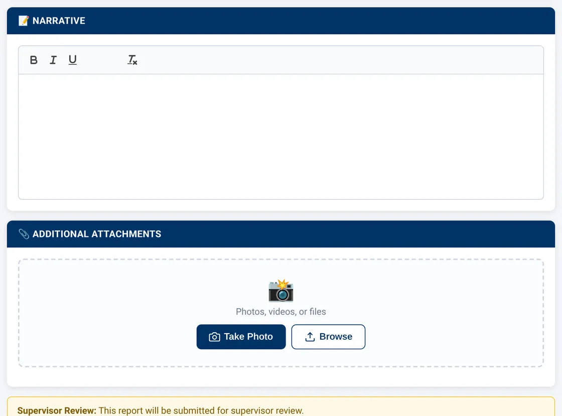 Sectek report app, desktop view: Narrative editor, Additional Attachments, supervisor-review notice and Submit button (not pressed)