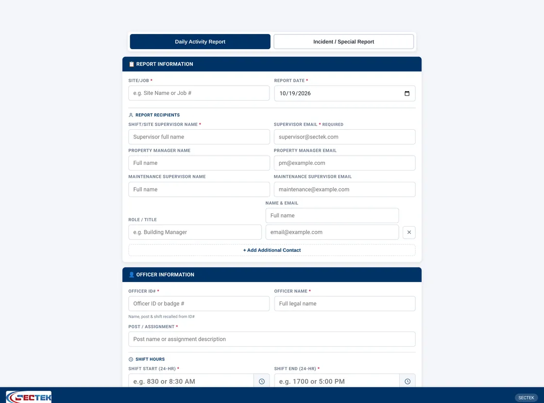 Sectek report app, desktop view: Daily Activity Report full page with a Vehicle Inspection entry in progress