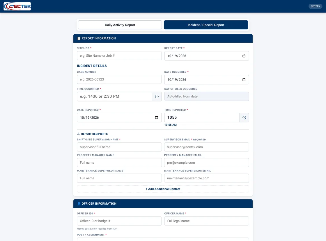Sectek report app, desktop view: Incident / Special Report mode, full page, default state