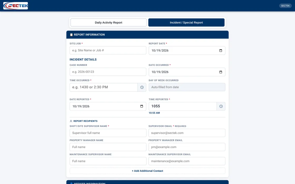 Sectek report app, desktop view: First screen (viewport) in Incident mode: header, toggle, Report Information with Incident Details