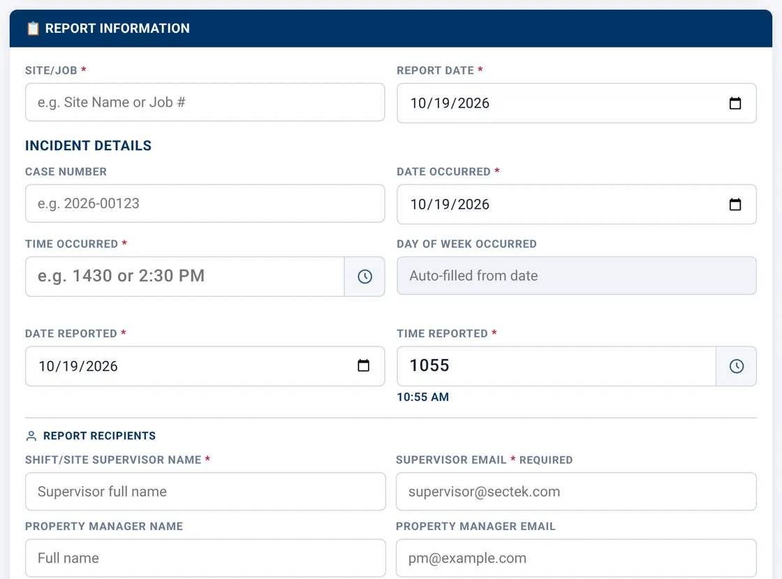 Sectek report app, desktop view: Report Information with Incident Details (case #, date/time occurred and reported)
