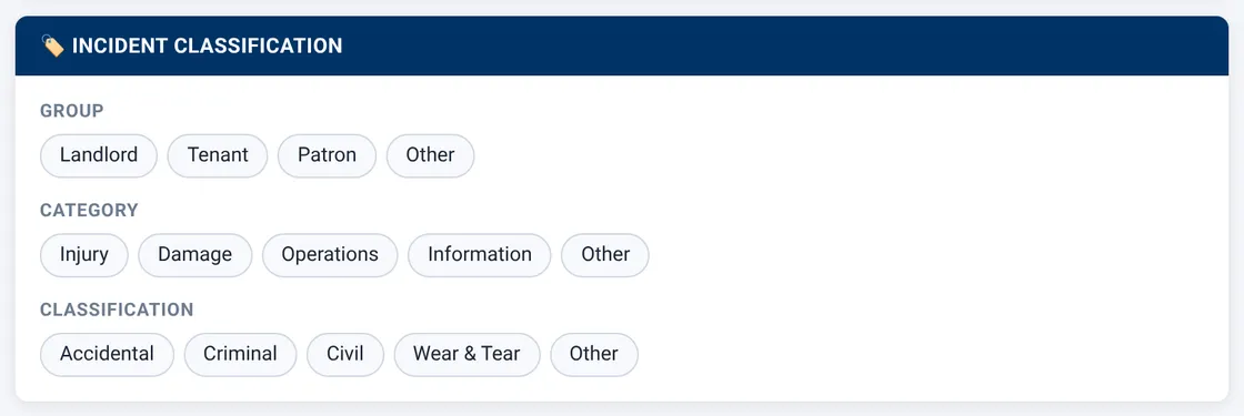 Sectek report app, desktop view: Incident Classification: Group, Category, Classification pills