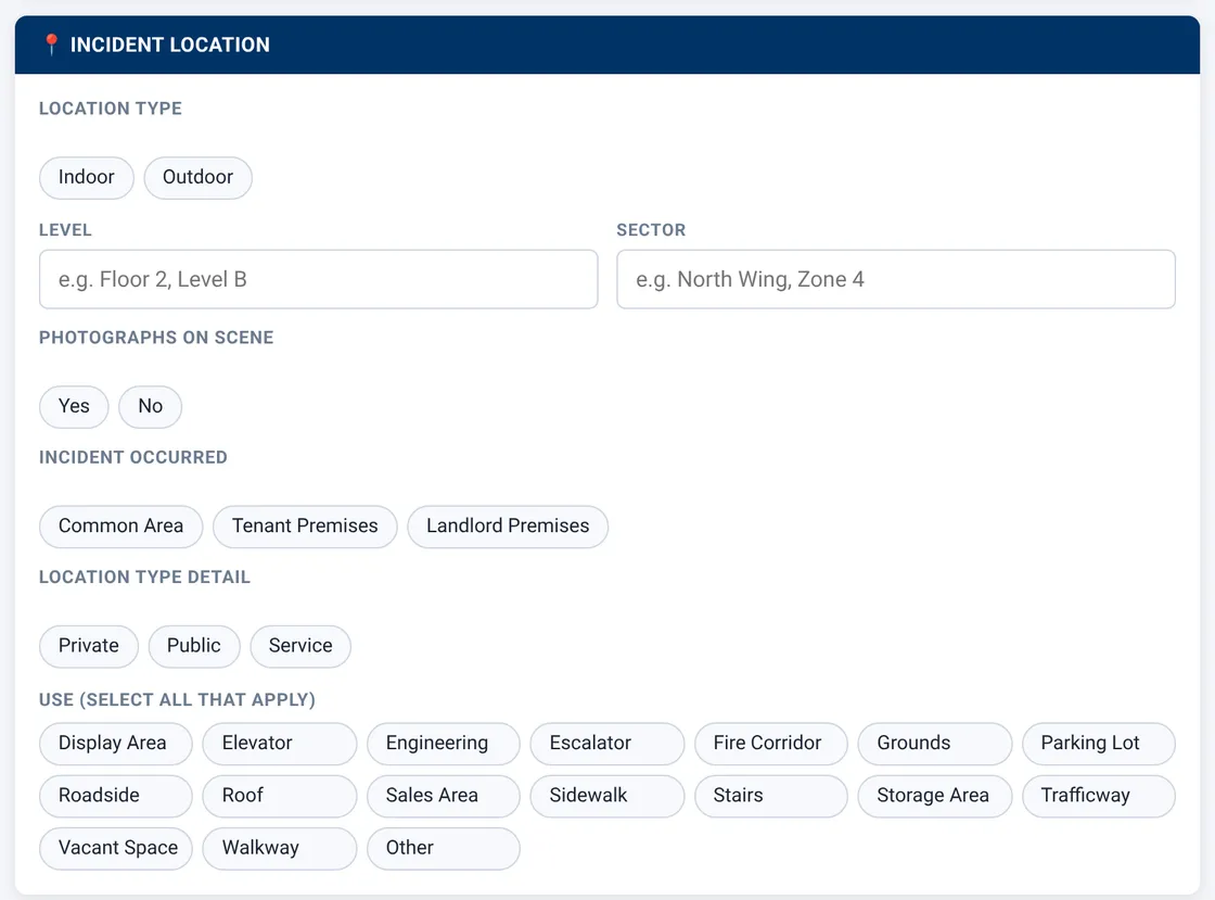 Sectek report app, desktop view: Incident Location: location type, level, sector, photos on scene, where it occurred