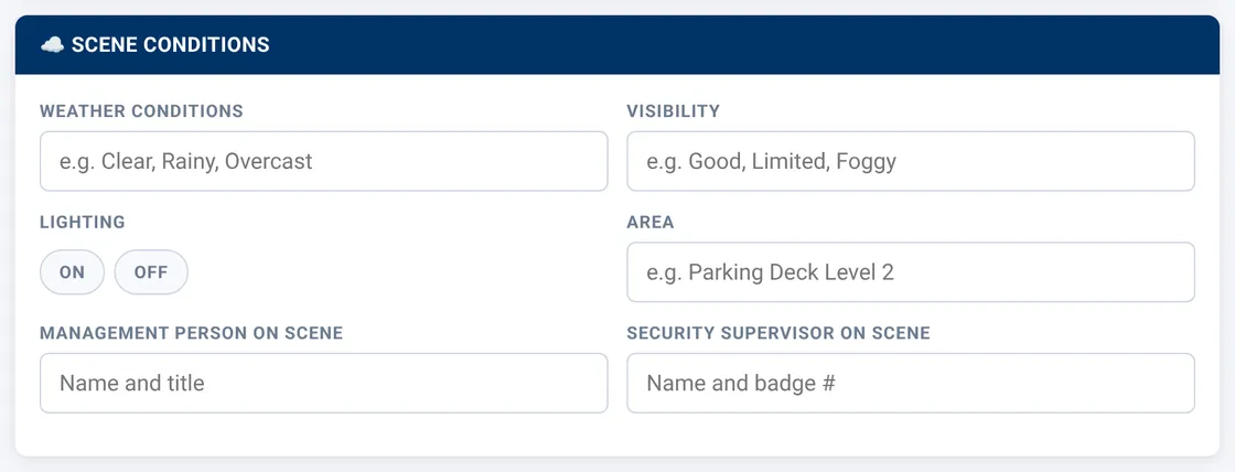 Sectek report app, desktop view: Scene Conditions card
