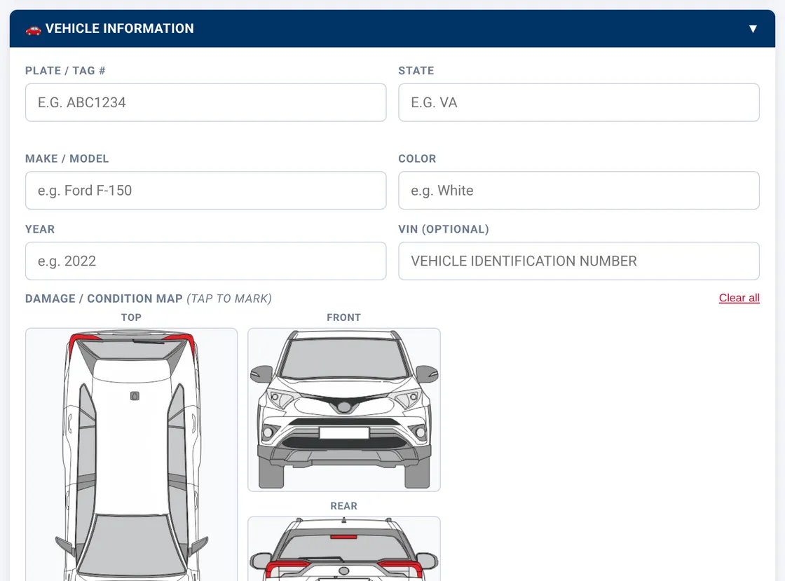 Sectek report app, desktop view: Vehicle Information expanded with damage map