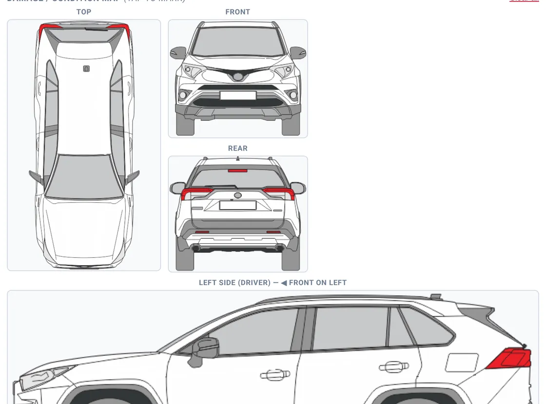 Sectek report app, desktop view: Incident vehicle damage map, one marker on each of five views, with legend