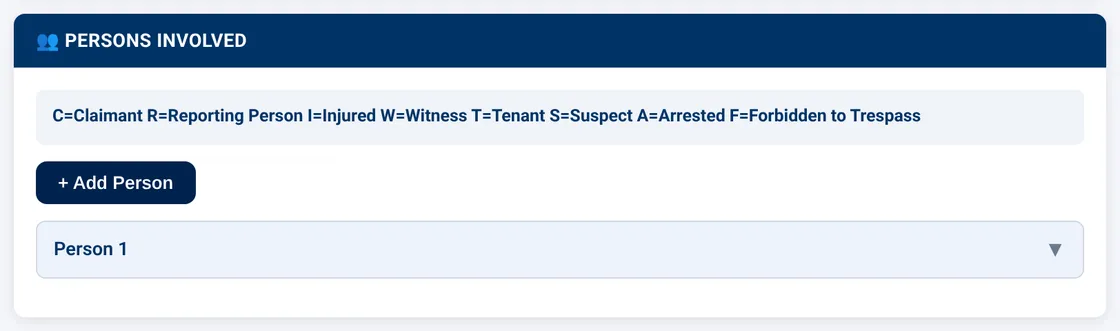 Sectek report app, desktop view: Persons Involved after '+ Add Person' (Person 1 card, collapsed)