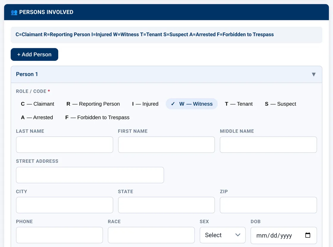 Sectek report app, desktop view: Person 1 expanded: role-code pills (C/R/I/W/T/S/A/F) with W (Witness) selected, name/address/description fields