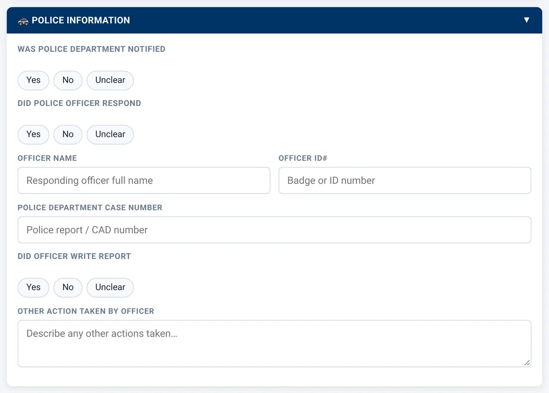 Sectek report app, desktop view: Police Information card, default