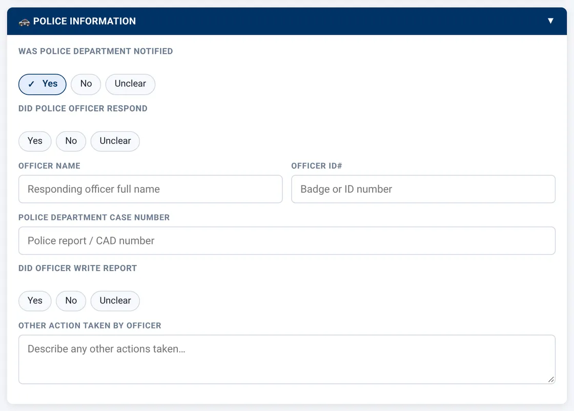Sectek report app, desktop view: Police Information, notified = Yes