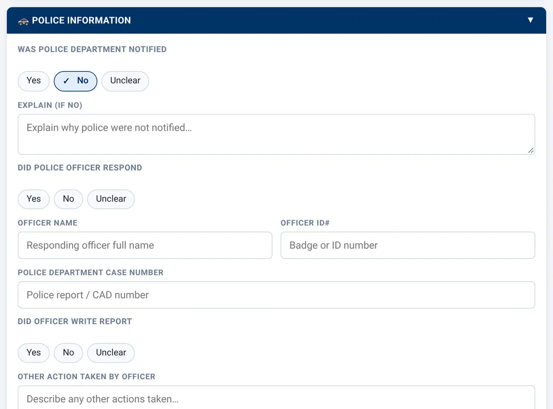 Sectek report app, desktop view: Police Information, notified = No reveals explanation field