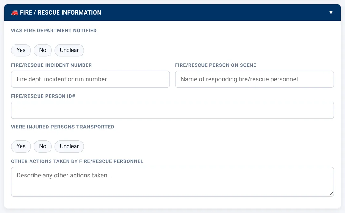 Sectek report app, desktop view: Fire / Rescue Information, expanded, default