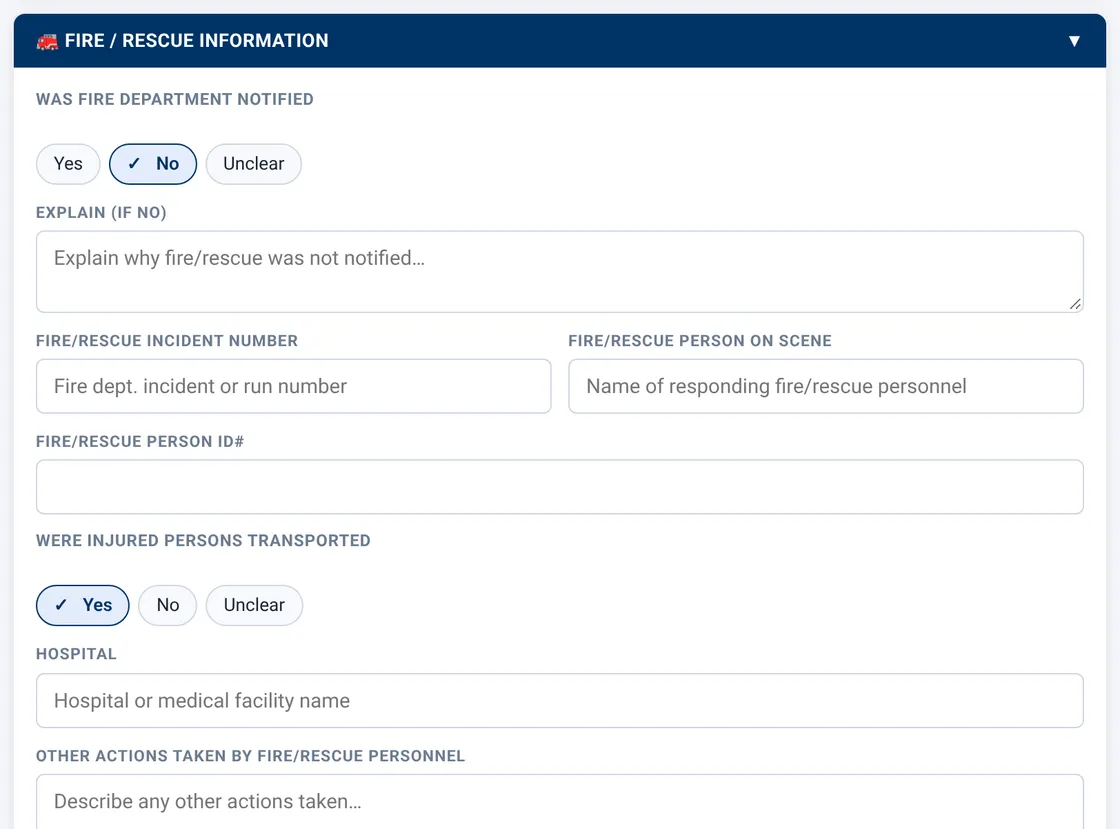 Sectek report app, desktop view: Fire / Rescue: notified = No reveals explanation; transported = Yes reveals Hospital