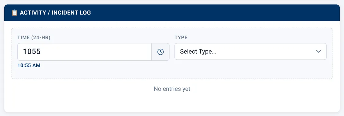 Sectek report app, desktop view: Activity / Incident Log, no type selected