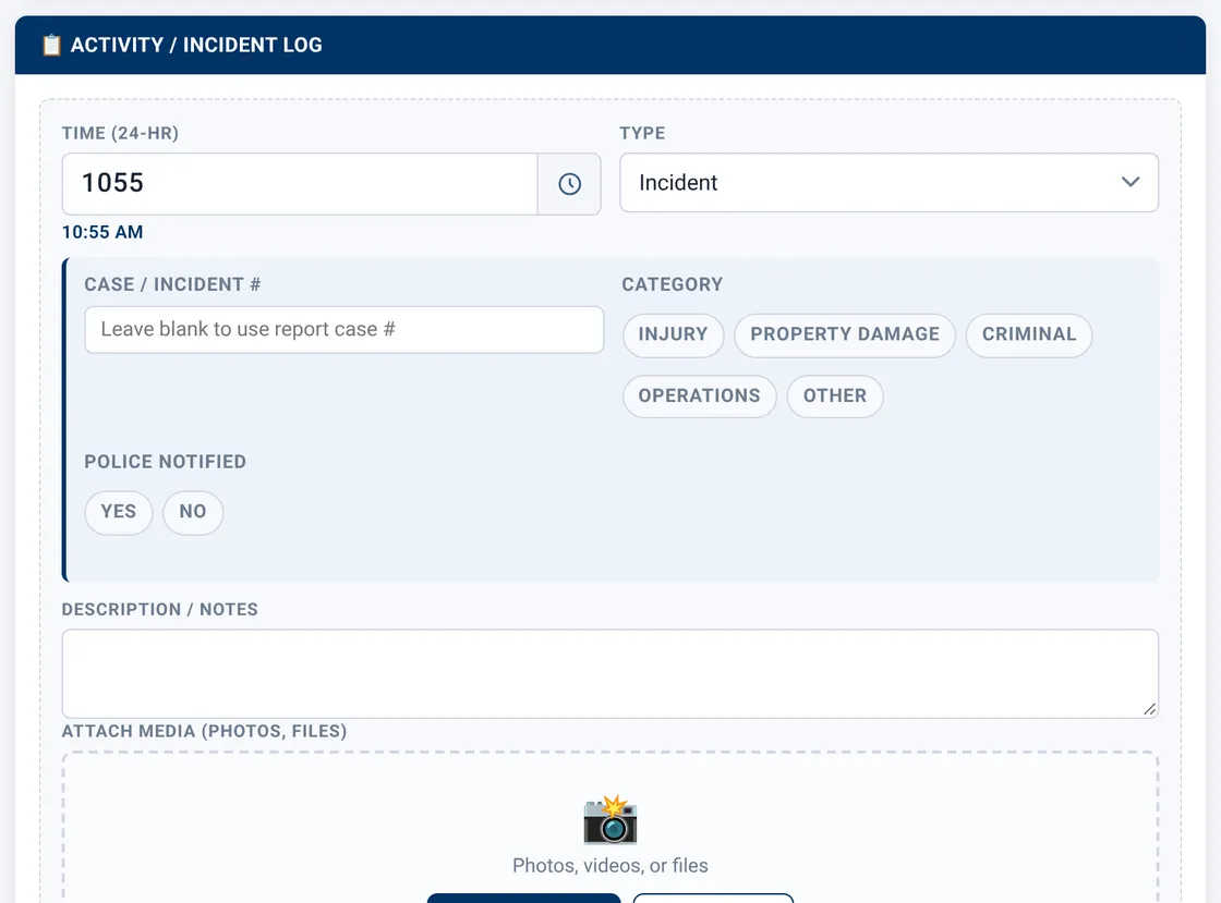 Sectek report app, desktop view: Activity / Incident Log with Type = Incident
