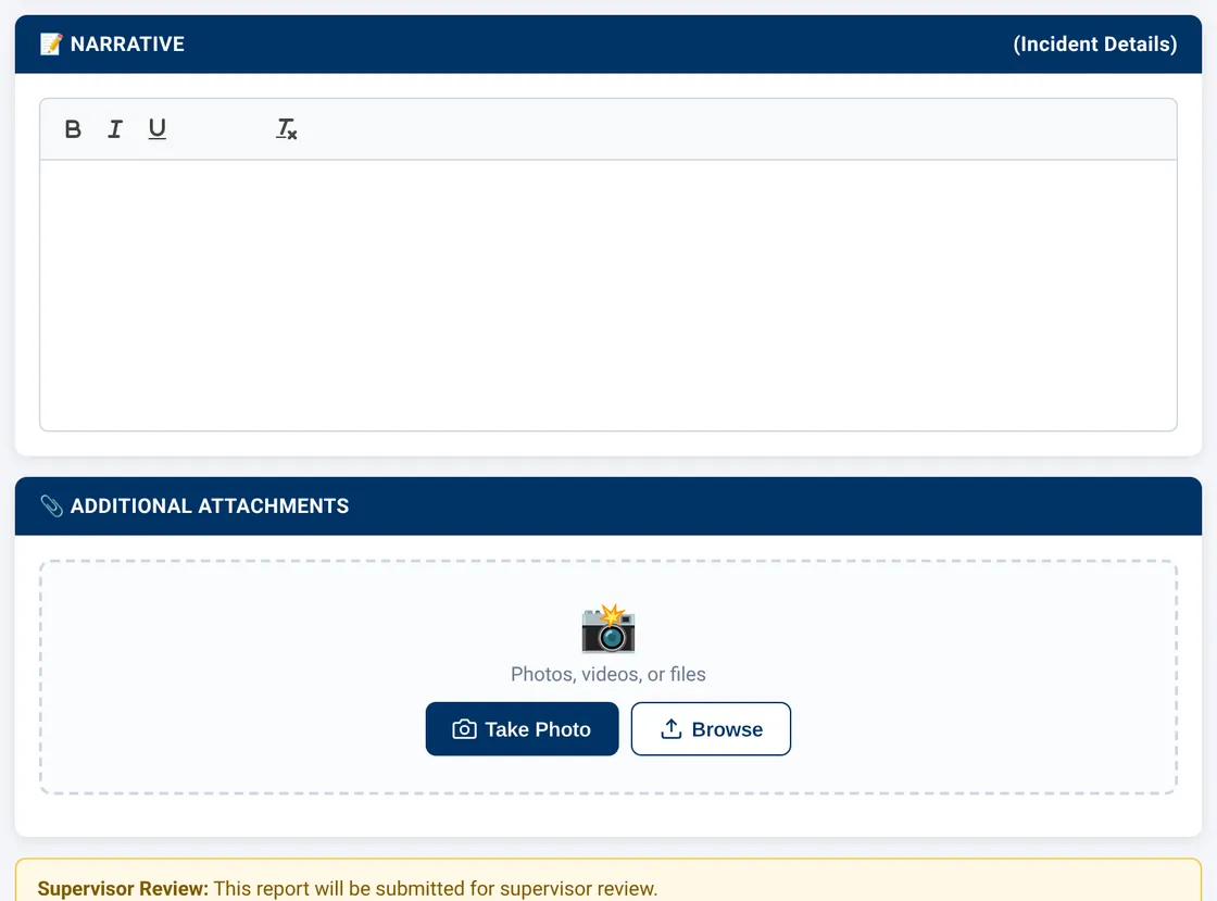Sectek report app, desktop view: Narrative (Incident Details), Additional Attachments, review notice and Submit button (not pressed)
