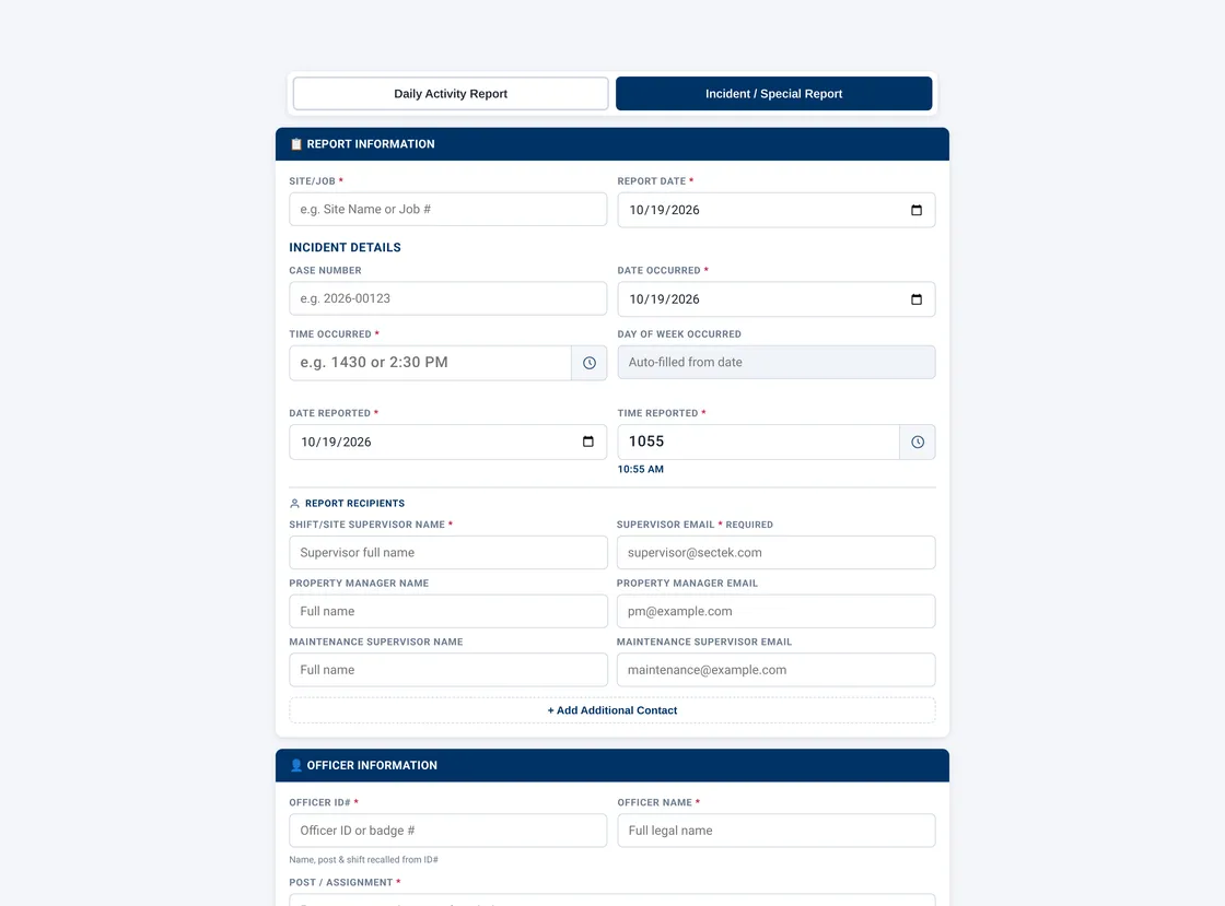 Sectek report app, desktop view: Incident report full page with collapsible sections expanded and sample selections