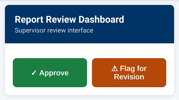 Sectek report app, desktop view: Supervisor review screen, with Approve and Flag for Revision.