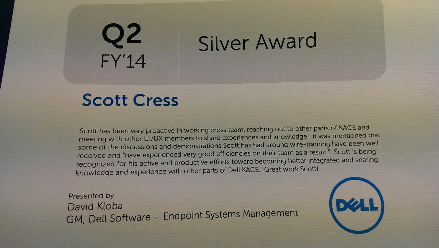Dell Software Silver Award certificate, Q2 FY’14, presented to Scott Cress