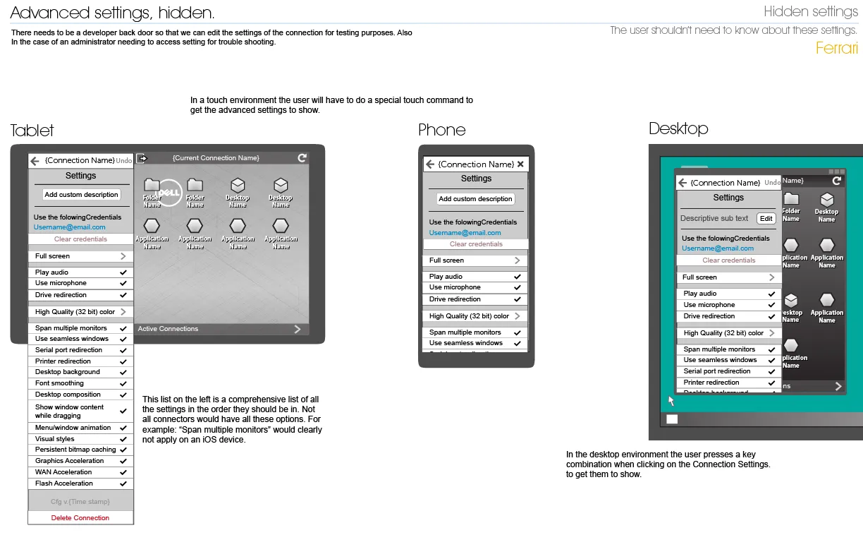 Non-Windows connector connection settings, full list wireframe
