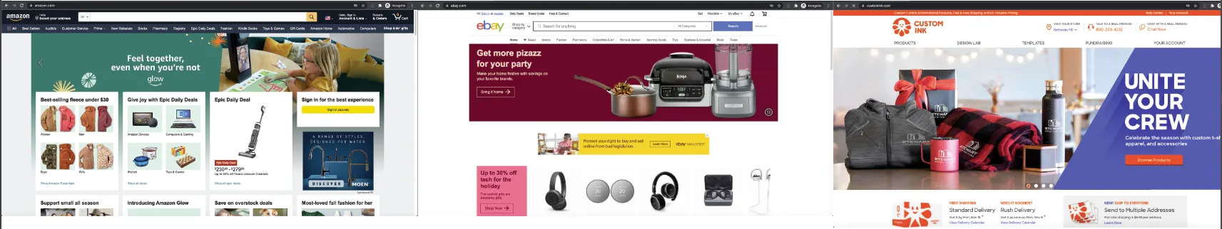 Strip of peer B2B storefront home pages used as research