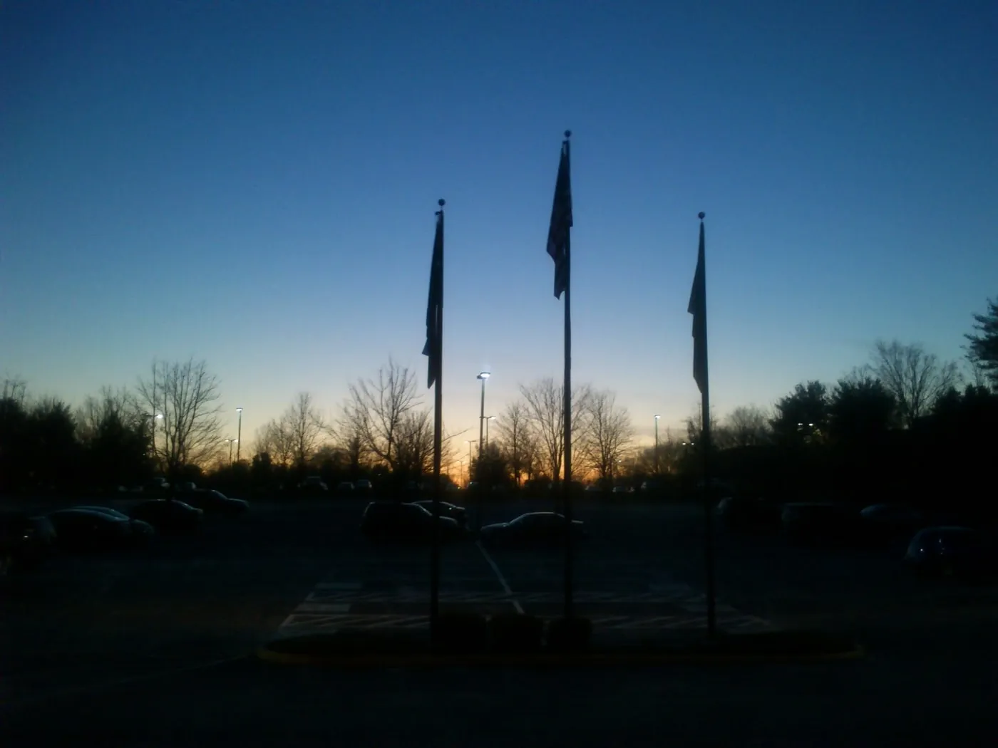 Flagpoles silhouetted at dusk
