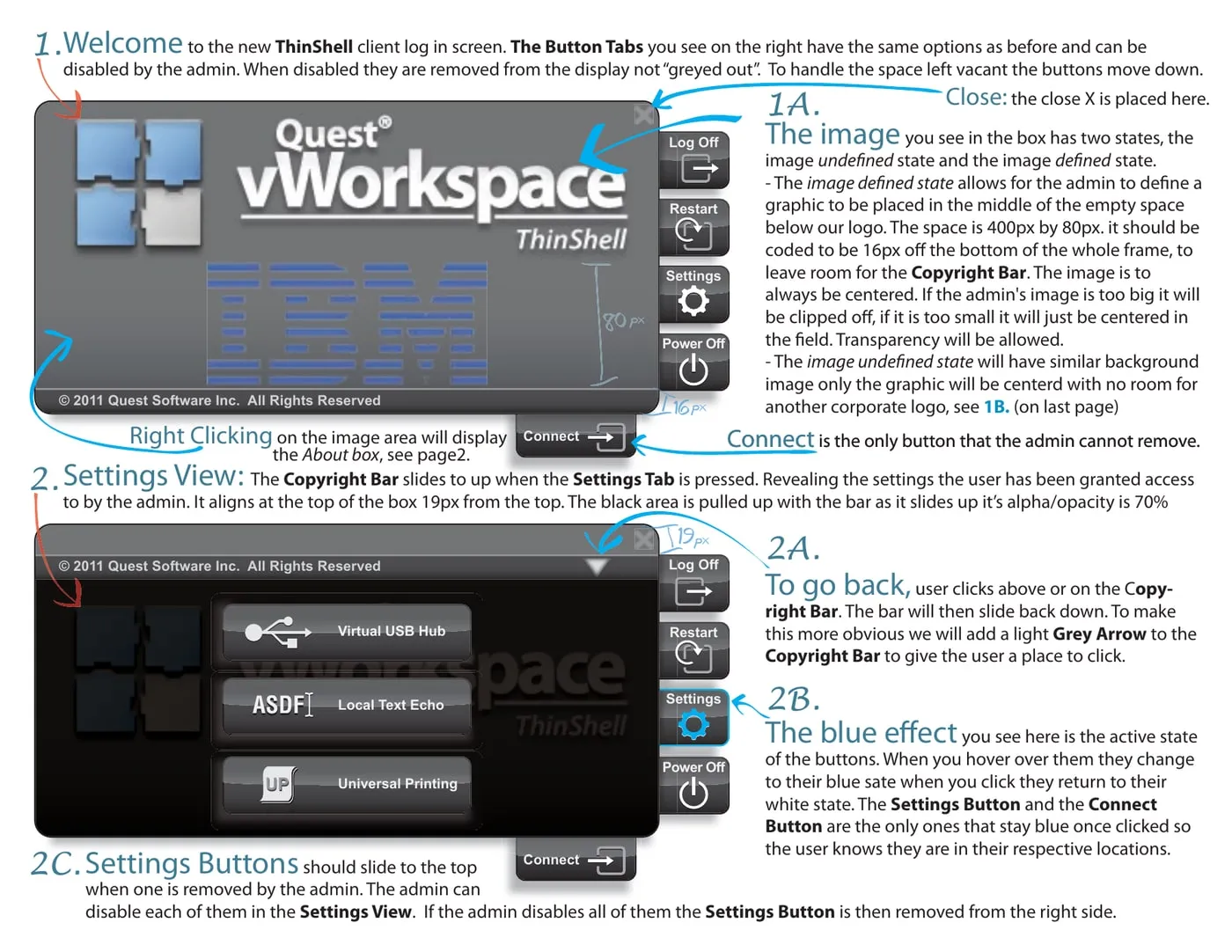 ThinShell UI specification page with annotated vWorkspace screens