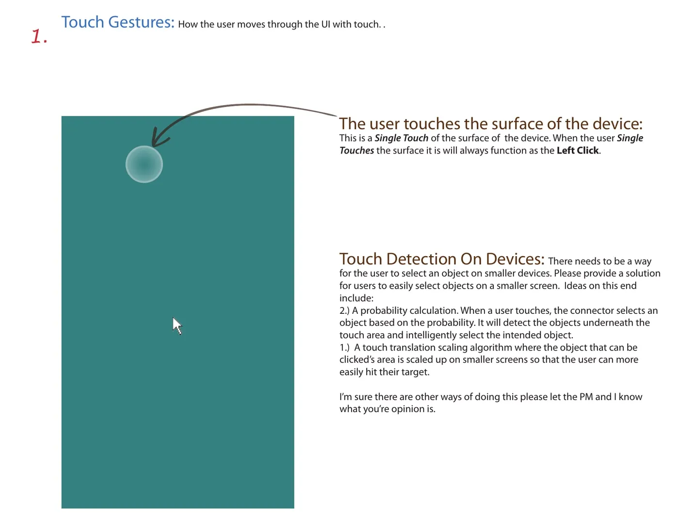 Touch gesture workflow page: the user touches the surface of the device
