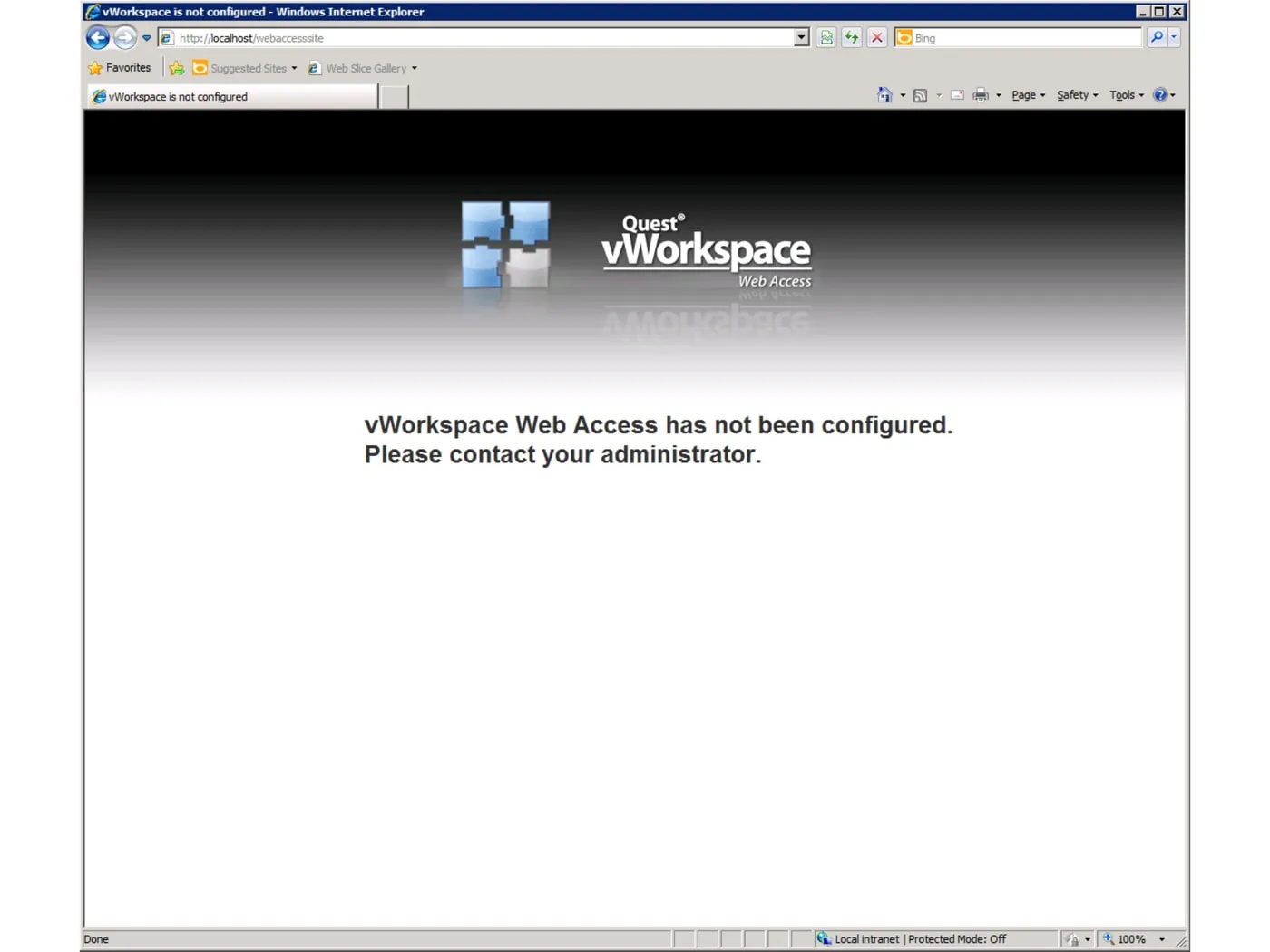 vWorkspace Web Access screen: not configured message