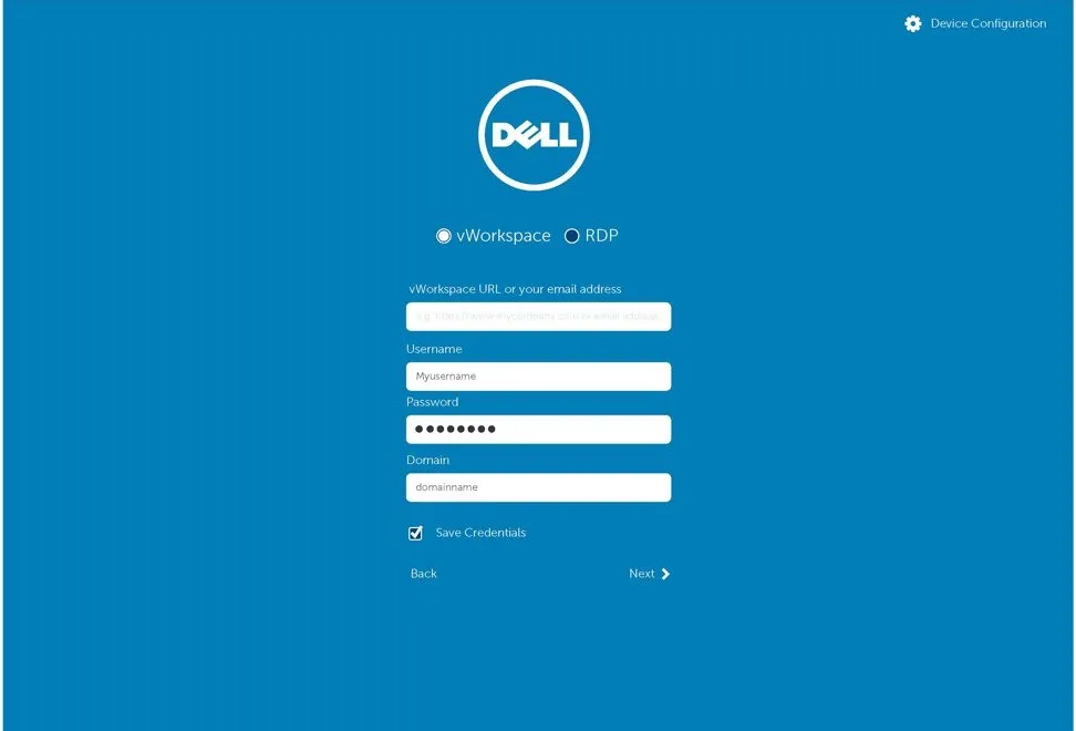 Wireframe of the vWorkspace credentials screen with notes